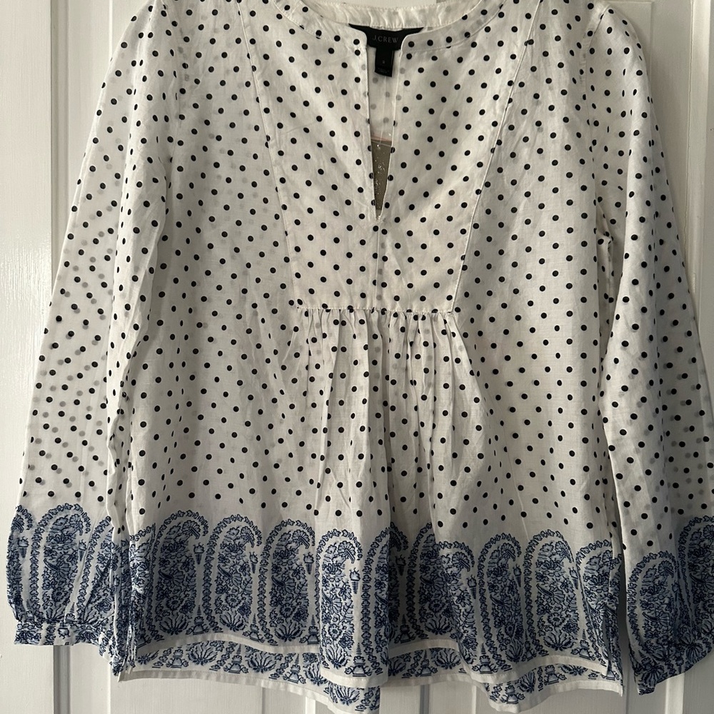 J. Crew Peasant Top White & Black Polkadots and Blue Floral Paisley Trim Size 2